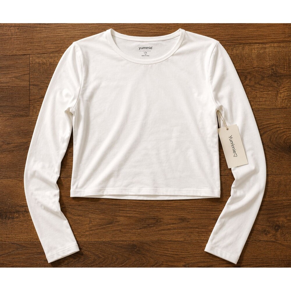 NWT Yummi Crop Top Womens Large White Long Sleeve Fitted Stretch Shirt